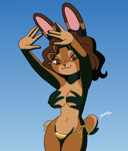 anthro bikini bikini_bottom breasts brown_body brown_eyes brown_hair cartoon_freckles clothed clothing cocked_hip eyelashes female fingers freckled_face freckles fur hair long_eyelashes multicolored_body navel nipple_outline shadow solo swimwear topless two-piece_swimsuit two_tone_body yoshisketchers9 golden_week shadow_hands_challenge brianna_(yoshisketchers9) lagomorph leporid mammal rabbit 2026 hi_res meme
