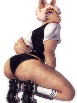 anthro big_butt bottomwear brown_body brown_fur butt butt_focus clothing fur hair makeup male pants presenting rear_view scut_tail shirt short_tail solo t-shirt tail topwear underwear vest white_hair rispi lagomorph leporid mammal rabbit hi_res