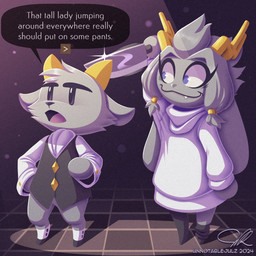 accessory anthro antlers black_clothing black_eyes black_legwear black_stockings black_topwear black_vest button_(fastener) checkered checkered_floor chibi clothing dialogue duo eyebrows eyelashes female floppy_ears fur grey_body grey_fur grey_hair hair hair_accessory hair_ring holding_knife holding_object horn knife legwear light lop_ears male open_mouth purple_eyes shadow shirt smile stockings sweater text thick_eyebrows tongue topwear vest white_clothing white_shirt white_sweater white_topwear yellow_horn unnotablejulz pseudoregalia butler_(pseudoregalia) sybil_(pseudoregalia) bovid caprine goat jackalope lagomorph mammal 1:1 2024 artist_name comic dated english_text hi_res lighting signature