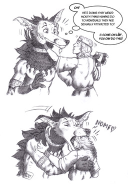 anthro biped blush bodily_fluids claws dialogue duo ear_piercing eyes_closed facial_hair finger_claws goatee hand_holding head_nom heart_after_text heart_symbol hug human_on_anthro humor interspecies larger_anthro larger_male male male/male nervous nom piercing size_difference smaller_human smaller_male speech_bubble surprised sweat text wide_eyed 0laffson arno_(0laffson) lof_(0laffson) canid canine human mammal maned_wolf 2026 comic english_text hi_res traditional_media_(artwork)