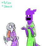 anthro clothed clothing duo ears_down fully_clothed fur grey_body grey_fur looking_at_another pivoted_ears purple_body purple_eyes simple_background text vial white_background theblueberrycarrots disney five_nights_at_freddy's scottgames zootopia judy_hopps purple_man_(fnaf) lagomorph leporid mammal rabbit 2020 english_text hi_res meme