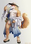 4_toes 5_fingers abs anthro asian_clothing bandage bandage_on_abs bandaged_arm big_pecs biped blush bulge claws clothing detailed_bulge east_asian_clothing feet finger_claws fingers fluffy fluffy_tail fur headgear kemono looking_at_viewer male male_anthro mouth_hold multicolored_body multicolored_fur muscular muscular_anthro muscular_male pecs simple_background solo standing tail toe_claws toes two_tone_body two_tone_fur vv92890531 spinugami_(onmyoji) canid canine canis domestic_dog mammal shiba_inu spitz 2024 dated digital_media_(artwork) full-length_portrait portrait