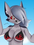 anthro big_breasts bikini blue_background breasts clothing female hair hair_over_eye one_eye_obstructed red_sclera simple_background solo swimwear two-piece_swimsuit under_boob creatiffy helluva_boss mythology loona_(helluva_boss) canid canid_demon canine demon hellhound mammal mythological_canine mythological_creature hi_res