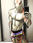 abs anthro biceps big_bulge biped boxer_briefs bulge clothed clothing electronics male muscular muscular_anthro muscular_male pecs phone red_body red_scales scales selfie smile solo standing topless underwear white_body white_scales yellow_eyes bgn derrick_(hextra) colubrid corn_snake lampropeltini rat_snake reptile scalie snake