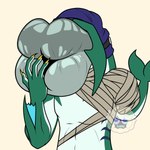 after_transformation amputated_limb amputee anthro bandage blue_eyes disability disproportionate expansion eyeless gills green_body growth huge_lips hyper hyper_lips lip_expansion lips male shark_fin shark_tail solo thick_lips transformation luxythesheep nintendo the_legend_of_zelda neptu_(luxythesheep) humanoid marine zora 1:1 2023 absurd_res hi_res