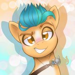 badge blaze_(marking) blush brown_eyes eyebrows facial_markings feral fur head_markings male markings raised_eyebrow sash sheriff_badge solo tan_body tan_fur turquoise_hair balychen_(artist) hasbro mlp_g5 my_little_pony hitch_trailblazer_(mlp) earth_pony equid equine horse mammal pony 1:1 hi_res