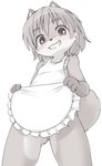 anthro apron apron_only cheeky clothing female fingers grin looking_at_viewer low-angle_view simple_background smile solo tail white_background young young_anthro young_female canopus335 canid canine fox mammal 2024 english_description hi_res