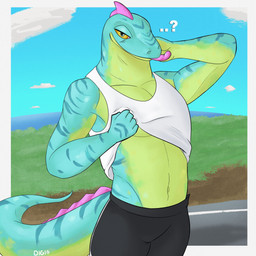 anthro bedroom_eyes bottomwear clothed clothing clothing_lift green_body green_scales looking_at_viewer male narrowed_eyes navel scales seductive shirt shorts sky slim_male solo tail tank_top thick_neck tongue tongue_out topwear v-line digidober epic_games fortnite lizzik_(fortnite) lizard reptile scalie 1:1 absurd_res hi_res
