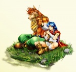 anthro biceps black_nose blue_eyes blue_hair boots clothing duo fishing fishing_rod footwear frown grass hair long_hair male muscular nature outside plant shoes はるかひがし breath_of_fire capcom bo_(breath_of_fire) gilliam ryu_(breath_of_fire) canid canine canis human mammal wolf