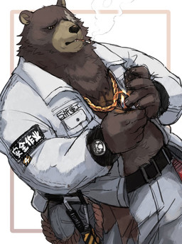 anthro belt black_body black_nose bottomwear chain chain_accessory chain_collar chain_jewelry chain_necklace cigarette clothing collar gold_(metal) gold_jewelry humanoid_hands jacket jewelry kemono lighter male necklace overweight overweight_male pants scar shirtless shirtless_anthro shirtless_male simple_background smoke smoking solo text topwear beau_555 mihoyo zenless_zone_zero ben_bigger bear mammal chinese_text partially_translated translation_request