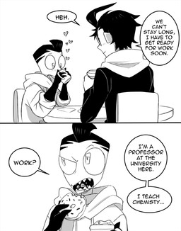 aged_up ahoge black_hair blush chair clothed clothing container cookie cup dialogue drinking duo eating eating_food eyewear food furniture glasses hair heart_symbol male mug not_furry on_chair sharp_teeth simple_background sitting sitting_on_chair speech_bubble table teeth text topwear inimoose invader_zim nickelodeon dib_membrane zim_(invader_zim) alien alien_humanoid human humanoid irken mammal comic digital_media_(artwork) english_text hi_res monochrome