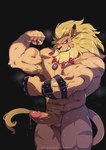 5_fingers abs anthro balls biceps biped blonde_hair blue_eyes blush bodily_fluids ear_piercing erection fingers fist flexing foreskin fur genital_fluids genitals grin hair humanoid_genitalia humanoid_penis jewelry kemono looking_at_viewer male mane muscular muscular_anthro muscular_male necklace nude partially_retracted_foreskin pecs penis piercing pose precum pubes pupils slit_pupils smile solo tan_body tan_fur tan_skin vein tiggon_the_great bandai_namco digimon digimon_(species) felid leomon mammal pantherine hi_res