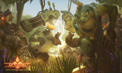 5_fingers anthro armor bottomwear chain clothing crouching digit_ring feet finger_ring fingers gold_(metal) gold_chain grass green_body green_skin group hard_hat headgear helmet jewelry looking_at_viewer machine male membrane_(anatomy) muscular muscular_male on_one_leg plant science_fiction shirt shorts size_difference smile standing tank_top tattoo toes topwear webbed_feet white_clothing white_shirt white_tank_top white_topwear xavier_ribeiro mythgard amphibian frog robot digital_media_(artwork) hi_res official_art