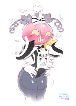 abdominal_bulge ambiguous_penetration blush bow_ribbon disembodied_hand emanata food for_a_head from_behind_position glistening_thighs heart_symbol hip_grab looking_pleasured onomatopoeia penetration penile penile_penetration pumpkin_head sex simple_background sound_effects text thick_thighs scorci food_creature object_head 2025 hi_res