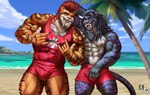 5_fingers abs anthro athletic athletic_anthro athletic_male beach big_muscles black_nose blue_body blue_fur blue_hair body_hair chest_hair claws clothed clothing day devil_horns_(gesture) double_devil_horns_(gesture) duo fangs finger_claws fingers fur gesture hair hand_behind_head hand_gesture lifeguard looking_at_viewer male mohawk multicolored_body multicolored_fur muscular muscular_anthro muscular_male navel nipples open_mouth open_smile orange_body orange_fur outside palm_tree pecs plant pose red_hair sabertooth_(anatomy) sand sea seaside shirt smile standing striped_body striped_fur stripes swimming_trunks swimwear tank_top teeth tongue topless topless_anthro topless_male topwear tree two_tone_body two_tone_fur water white_body white_fur nexus alexander_(gasaraki2007) kt_(nexus) felid hybrid liger lion mammal pantherine prehistoric_species saber-toothed_tiger 2022 signature