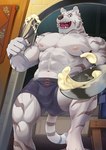 anthro blue_eyes bulge fangs fouet fur holding_fouet holding_whisk kitchen_utensils male muscular muscular_anthro muscular_male navel nipples open_mouth open_smile pecs smile solo striped_body striped_fur stripes teeth tools whisk white_body white_fur mumu202 grimoire_of_zero mercenary_(grimoire_of_zero) felid mammal pantherine tiger