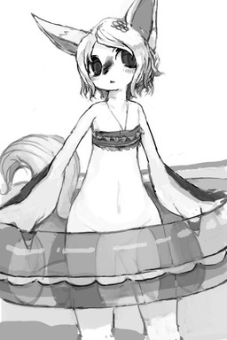 anthro big_forearms bikini bikini_top bottomless clothed clothing convenient_censorship female flat_chested forearms looking_at_viewer pool_float pool_toy solo swimwear two-piece_swimsuit fuzisawa pandemonium_wizard_village domika canid canine fox mammal 2:3 monochrome