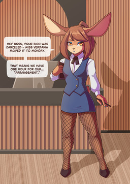 anthro biped breasts brown_body brown_fur brown_hair business_suit clothing dialogue female fishnet_clothing fishnet_legwear footwear fur hair high_heels holding_object holding_pen legwear open_mouth pen shoes solo standing suit tail text articaartes solar_powell lagomorph leporid mammal rabbit 2026 absurd_res digital_media_(artwork) english_text hi_res
