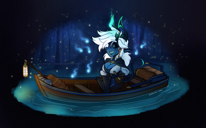 blue_body boat breasts cleavage clothed clothing ear_piercing female hair horn lamp lantern piercing plant solo swamp text tree vehicle water watercraft white_hair wmdiscovery93 azure_(wmdiscovery93) demon enoki_(helixel) humanoid english_text hi_res