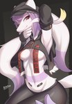 absurd_res anthro areola biped breast_curtains breasts clothed clothing female generation_5_pokemon hair hand_behind_head hi_res looking_at_viewer medium_breasts mienshao nintendo pokemon pokemon_(species) purple_body purple_hair red_eyes simple_background smile smiling_at_viewer solo white_body zinfyu