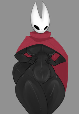 2_horns 4_fingers anthro arthropod_abdomen biped black_body black_eyes breasts clothing featureless_breasts featureless_crotch female fingers grey_background hand_on_hip horn red_clothing simple_background solo standing thick_thighs monty_smug hollow_knight_(franchise) team_cherry hornet_(hollow_knight) arthropod 2025 hi_res