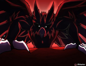 anthro beak black_body black_feathers black_sclera claws constricted_pupils elbow_feathers feathered_crest feathered_ears feathered_wings feathers gradient_background head_crest logo looking_at_viewer male menacing_aura menancing pupils scene_reference shadow_face simple_background small_pupils solo talon_hands text threatening white_eyes wings rhunter13 folkrem avian bird corvid corvus_(genus) demon oscine passerine raven artist_logo artist_name hi_res redraw signature