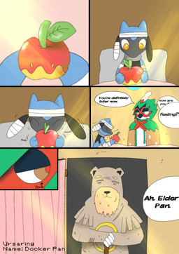 5_panel_comic ambiguous_gender anthro apple bandage beak beard bed biped black_nose black_text blue_body brown_body brown_fur claws dialogue eating elderly eyes_closed facial_hair food fruit fur furniture group holding_apple holding_food holding_fruit holding_object light looking_at_food looking_at_object male motion_lines name_drop on_bed open_mouth orange_eyes paws pillow plant question_mark sitting sitting_on_bed sound_effects speech_bubble standing sunlight talking_to_another text tongue trio white_sclera window sawlamander nintendo pokemon pokemon_mystery_dungeon spike_chunsoft decidueye generation_2_pokemon generation_4_pokemon generation_7_pokemon pokemon_(species) riolu ursaring 2026 comic english_text hi_res male_(lore)