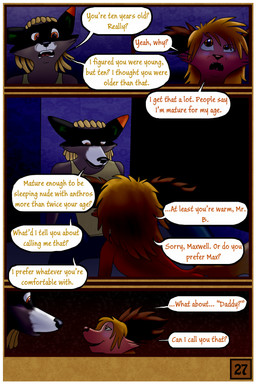 age_difference anthro blush border clothing dark duo female fur hair male male/female night open_mouth size_difference text white_border young young_anthro jaxneesen maxwell_(gratitude-advocate) syndey canid canine canis domestic_dog fox german_shepherd herding_dog hybrid mammal pastoral_dog procyonid raccoon 2017 2:3 absurd_res comic digital_media_(artwork) english_text hi_res