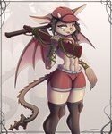 anthro big_ears black_clothing black_hair black_legwear black_thigh_highs blush blush_lines bottomwear clothed clothing convenient_censorship dolphin_shorts ear_piercing ear_ring eyelashes facial_piercing fangs female flat_cap flat_chested grey_background grey_body grey_scales gun hair hat headgear headwear holding_gun holding_object holding_ranged_weapon holding_weapon horn legwear long_tail looking_at_viewer membrane_(anatomy) membranous_wings navel nose_piercing nose_ring open_mouth pattern_clothing pattern_hat pattern_headgear pattern_headwear piercing pink_wings plant ranged_weapon red_bottomwear red_clothing red_hat red_headwear red_shorts ring_piercing scales shorts simple_background solo strategically_covered tail tail_ridge tan_horn teeth thick_thighs thigh_highs topless vines weapon weapon_on_shoulder wide_hips wings yellow_eyes quazarasci deadlock valve ivy_(deadlock) gargoyle hi_res portrait three-quarter_portrait