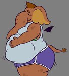 anthro belly big_belly big_butt bottomwear brown_body bulge butt clothed clothing hair male overweight overweight_anthro overweight_male smile solo tail thick_thighs trunk vore wings bigtimekudo colt_(notabird) coltiphant elephant elephantid mammal proboscidean colored digital_media_(artwork)