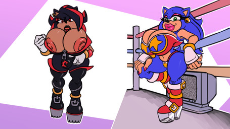 anthro big_breasts bimbofied boots breasts bulge clothing crossgender duo eyelashes eyeshadow fighting_ring footwear gynomorph high_heels huge_breasts hyper hyper_breasts intersex legwear lips makeup nipples platform_footwear platform_heels shoes thick_lips thigh_boots thigh_highs kyrie_eleison sega sonic_the_hedgehog_(series) shadow_the_hedgehog sonic_the_hedgehog eulipotyphlan hedgehog mammal 16:9 hi_res widescreen
