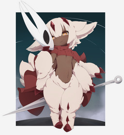 biped brown_body cape claws closed_smile clothing crotch_lines featureless_crotch female hair holding_melee_weapon holding_object holding_weapon looking_at_viewer mask melee_weapon mouth_closed multi_arm multi_limb navel red_clothing smile solo standing thick_thighs weapon white_hair white_sclera wide_hips yellow_eyes nade hollow_knight_(franchise) made_in_abyss team_cherry faputa humanoid narehate 2026 hi_res signature