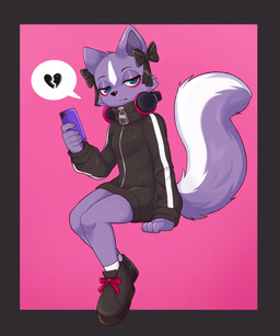 anthro blue_eyes bow_ribbon cellphone clothing electronics eyebrows eyelashes female footwear fur headphones heart_symbol holding_cellphone holding_object holding_phone holding_smartphone jacket looking_at_viewer narrowed_eyes phone pink_background purple_body purple_fur shoes simple_background smartphone solo topwear white_body white_fur zipper artkett1412 aggretsuko sanrio shikabane_(aggretsuko) mammal mephitid skunk 2023 5:6 hi_res pictographics