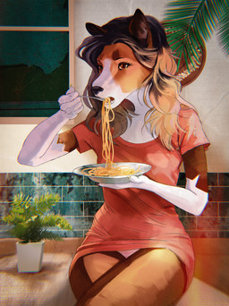 anthro black_nose breasts brown_body brown_eyes brown_fur brown_hair claws clothed clothing crossed_legs cutlery eating eating_food eyebrows eyelashes fangs female food fork fur hair hooves kitchen kitchen_utensils looking_at_viewer multicolored_body multicolored_fur multicolored_hair no_underwear open_mouth pasta plant plate raised_arm shirt simple_background sitting solo spaghetti tail tail_motion tailwag tan_body tan_fur tan_hair teeth tools topwear two_tone_hair unguligrade white_background white_body white_fur window wings yellow_hooves yellow_tail sedativ basenji canid canine canis domestic_dog mammal primitive_dog 2022 character_request hi_res watermark