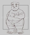 anthro belly big_belly blush bottomwear clothing humanoid_hands male overweight overweight_male shirt shorts solo text text_on_clothing text_on_shirt text_on_topwear topwear mrtuminator bear mammal 2022 distracting_watermark hi_res watermark