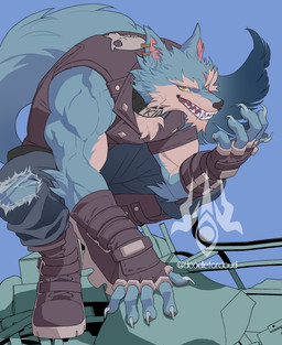 anthro boots bottomwear clothing footwear fur jacket looking_at_viewer male muscular muscular_anthro muscular_male pants shoes sky tail teeth topwear doodleforcloud dislyte lilith_games freddy_(dislyte) canid canine canis mammal wolf hi_res