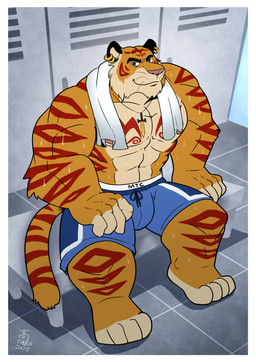 abs anthro athletic barefoot biceps big_muscles biped blue_eyes border bottomwear brown_body brown_fur clothed clothing ear_piercing feet fur jewelry locker locker_room looking_at_viewer male muscular muscular_anthro muscular_male necklace nipples pecs piercing pink_nose red_body red_fur shorts sitting smile solo stripes tattoo topless towel towel_around_neck whiskers white_border takataka canid canine felid mammal pantherine tiger
