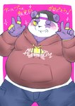 anthro backwards_baseball_cap backwards_hat baseball_cap clothing fur gesture grin hand_gesture hat headgear headwear hoodie jewelry male necklace one_eye_closed overweight overweight_male purple_body purple_fur ring smile solo text topwear v_sign wink ayata one_oneyyy lifewonders tokyo_afterschool_summoners alp_(tas) bear giant_panda mammal 2022 hi_res japanese_text