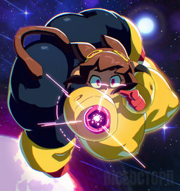 4_fingers anthro arm_cannon armwear big_breasts big_butt bottomwear breasts brown_ears brown_hair brown_tail butt clothing eyebrows eyewear eyewear_on_head female female_anthro fingers front_view goggles goggles_on_head hair huge_breasts light looking_at_viewer nipple_outline solo space star tail thick_thighs white_sclera wide_hipped_anthro wide_hipped_female wide_hips yellow_armwear yellow_clothing yellow_eyewear yellow_goggles riceoctopii gameoverse glitch_productions kit_bodega domestic_cat felid feline felis mammal 2026 digital_media_(artwork) hi_res lighting portrait
