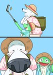 anthro backpack biped black_nose blush clothing duo eyes_closed green_body hat headgear headwear kemono shirt simple_background smile straw_hat topwear white_body panda_po amphibian canid canine canis domestic_dog frog mammal 2024 comic hi_res