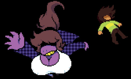 anthro big_breasts breasts bulge cleavage clothed clothing duo falling female flannel_jacket hair hair_over_eyes huge_breasts long_hair male nipple_outline pixelated sprite deltagoon deltarune undertale_(series) kris_dreemurr susie_(deltarune) monster reptile scalie digital_media_(artwork) pixel_(artwork)