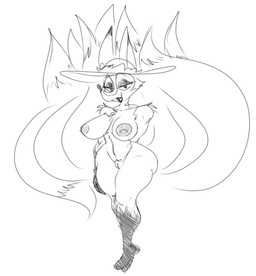 anthro areola big_breasts breasts clothing eyeshadow female hat hat_only headgear headgear_only headwear headwear_only makeup mostly_nude multi_tail nipples open_mouth solo tail thick_thighs wide_hips sowedidit adult_swim cartoon_network unicorn:_warriors_eternal june_way canid canine fox mammal black_and_white monochrome sketch