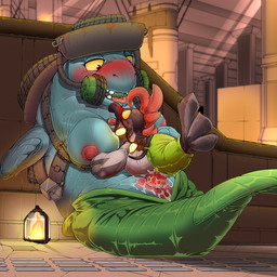 anthro anthrofied areola big_breasts blush bodily_fluids breasts clothing detailed_background duo erection eyelashes female female_penetrated feral feral_penetrating fire from_front_position genital_fluids genitals green_body hair head_between_breasts headgear headwear lamp larger_female looking_at_another looking_at_partner looking_down looking_down_at_another looking_down_at_partner looking_pleasured lying male male/female male_penetrating male_penetrating_female metal missionary_position nipples on_back open_mouth penetration penile penile_penetration penis penis_in_vagina pillar pink_areola pink_nipples red_eyes red_hair red_penis red_tongue rock saliva saliva_on_tongue sex size_difference smaller_female snout teeth tongue tongue_out vaginal vaginal_fluids vaginal_fluids_on_penis vaginal_penetration vulva yellow_eyes yellow_sclera kitsune_youkai nintendo splatoon aquatic fish salmonid_(splatoon) steelhead 1:1 2025 digital_media_(artwork)