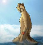 5_fingers anthro brown_body brown_fur day ear_piercing fingers fur green_eyes lens_flare looking_aside looking_at_viewer male nipples nude open_mouth open_smile outside partially_submerged piercing side_view sky smile solo sun tan_body tan_fur water wet bask mammal mustelid otter