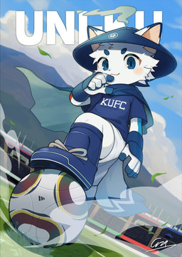 5_fingers anthro asian_conical_hat ball blue_body blue_cape blue_clothing blue_eyes blue_footwear blue_fur blue_shirt blue_socks blue_topwear blush bottomwear cape clothing cloud fingers footwear fur hair happy hat headgear headwear leaf looking_at_viewer male shirt shorts sky soccer_ball soccer_field soccer_uniform socks solo sportswear stadium tail topwear uniform white_body white_bottomwear white_clothing white_fur white_hair white_shorts young young_anthro young_male kuromu uni-ku canid canine canis domestic_cat felid feline felis hybrid mammal wolf 2025 absurd_res hi_res japanese_description
