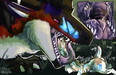 anthro blush breasts duo female feral forked_tongue head_in_mouth imminent_vore larger_feral male male/female mouth_shot open_mouth size_difference smaller_anthro smirking_at_partner throat tongue hollyvardia eky_(hollyvardia) takrontil_(saber15) deer felkin mammal absurd_res hi_res