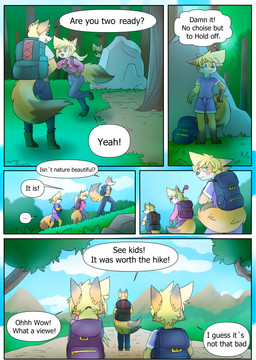 anthro biped blonde_hair blue_eyes clothed clothing dialogue ellipsis erection erection_under_clothing female group hair male question_mark speech_bubble tail text trio young young_anthro young_female young_male galo henry_(tycloud) tammy_(tycloud) tycloud canid canine fox mammal absurd_res comic english_text hi_res cousins_(lore)
