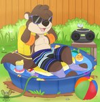 anthro ball bath_toy beach_ball black_nose blue_eyewear blue_glasses bottomwear brown_body brown_fur brown_hair clothed clothing dandelion day donut_pool_toy drink_float duo electronics eyewear floatie flotation_device flower food_pool_toy front_view fur furniture garden glasses glistening glistening_nose grass green_body green_fur green_tail hair hands_behind_head inflatable inflatable_chair inflatable_pool inflatable_ride inflatable_support kiddie_pool leaning leaning_backward logo male on_pool_toy open_mouth open_smile outside partially_clothed pink_tongue plant pool_toy radio rubber_duck shrub sitting sitting_on_pool_toy smile sunglasses swimming_pool swimwear table tail tan_body tan_fur tan_inner_ear teeth tongue topless toy toy_boat toy_vehicle toy_watercraft unusual_anatomy unusual_wings water water_wings wings young young_anthro heyitsjaq ambient_arthropod ambient_dragonfly ambient_insect arthropod inanimate_object insect mammal mustelid otter artist_logo hi_res