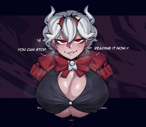 big_breasts black_clothing bodily_fluids bow_tie breasts clothed clothing dialogue ear_piercing female hair heart_symbol horn huge_breasts looking_at_viewer not_furry piercing red_clothing red_eyes short_hair smile solo sweat text white_hair krekk0v helltaker beelzebub_(helltaker) demon demon_humanoid humanoid 2022 english_text hi_res