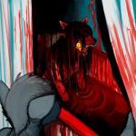 1:1 anthro bathtub black_hair black_sclera blood blood_bath bodily_fluids canid canine canis carol_(hladilnik) daniel_(hladilnik) domestic_dog duo fangs female fur ghost glowing glowing_eyes gore grey_body grey_fur grey_hair hair hi_res hladilnik long_hair mammal nightmare_fuel nude open_mouth partially_submerged red_eyes rubber_duck sharp_teeth shower_curtain sitting spirit teeth